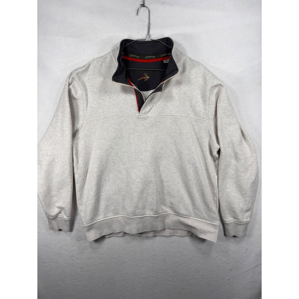 Orvis Mens Quarter Zip Sweatshirt Oatmeal Heather Gray Fly Fishing Pullover L